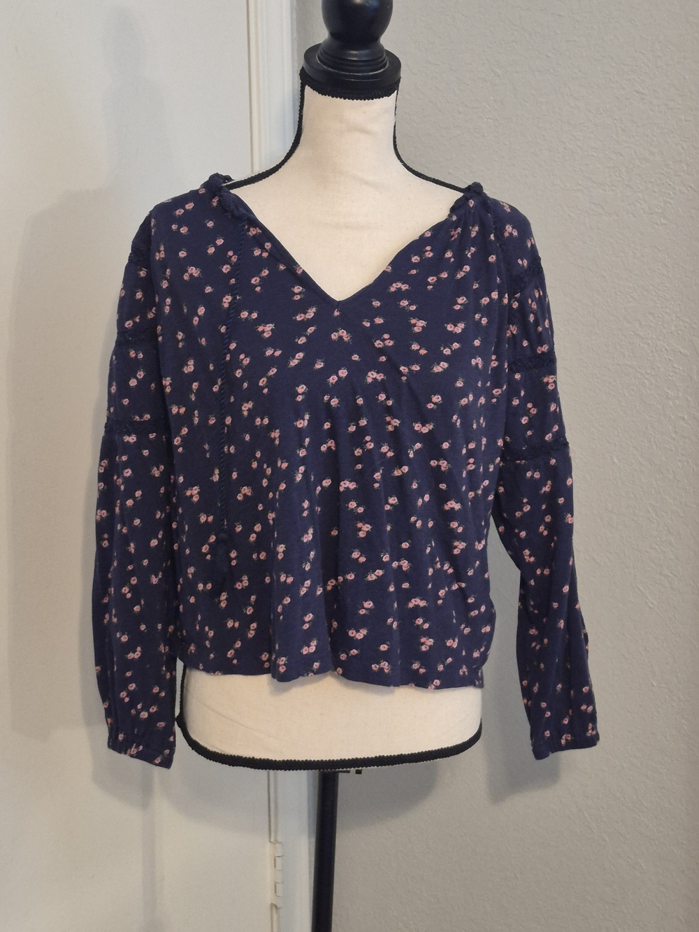 Lucky Brand Navy Long Sleeve V-Neck Top with Pink Floral Print